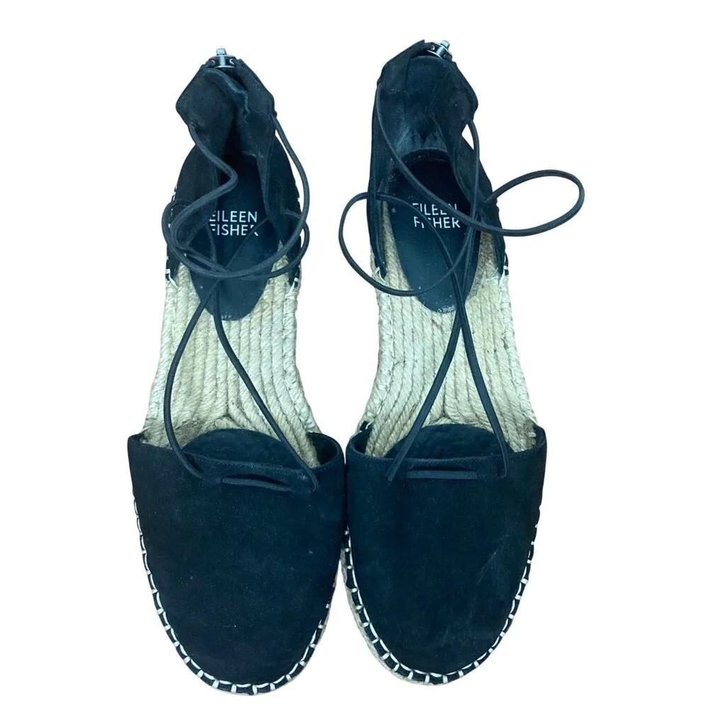 Eileen Fisher Lace Espadrille Flats Womens 8 Black Suede Strappy Sandals